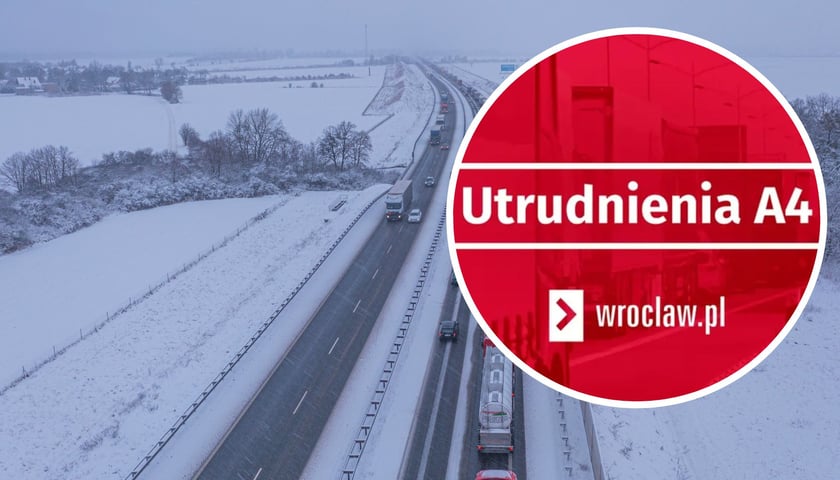 W tle: utrudnienia na A4, zdjęcie ilustracyjne, w kółku czerwona plansza z napisem "utrudnienia na A4", grafika ilustracyjna