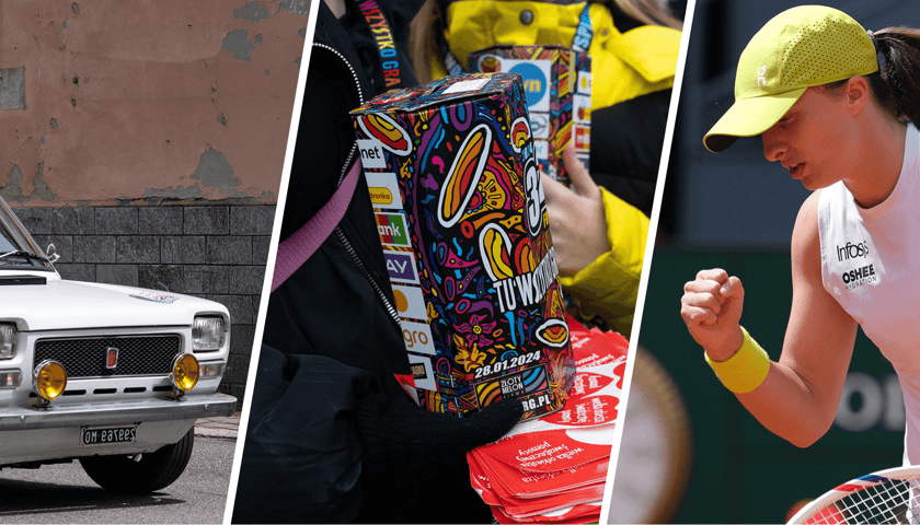 Od lewej: Fiat 127p, w środku puszka WOŚP, z prawej Iga Świątek