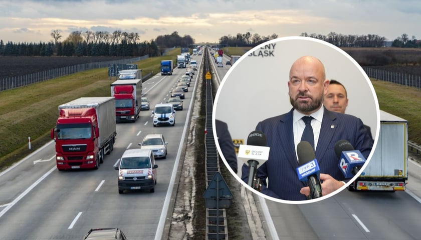 Na dużym zdjęciu Autostrada A4 (fot. Tomasz Hołod). Na małym, w kółku, prezydent Jacek Sutryk na konferencji w urzędzie marszałkowskim (fot. Oleksandr Poliakovsky) 