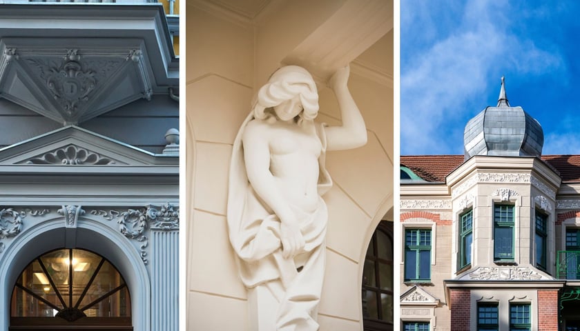 Zdjęcie podzielone na trzy części: z lewej fragment fasady kamienicy przy ul. Cybulskiego 19 - portal wejściowy i zdobione podbicie wykusza; w środku - herma podtrzymująca wykusz w kamienicy przy ul. Rozbrat 12; z prawej - fragment odrestaurowanej kamienicy przy ul. Norwida 22.