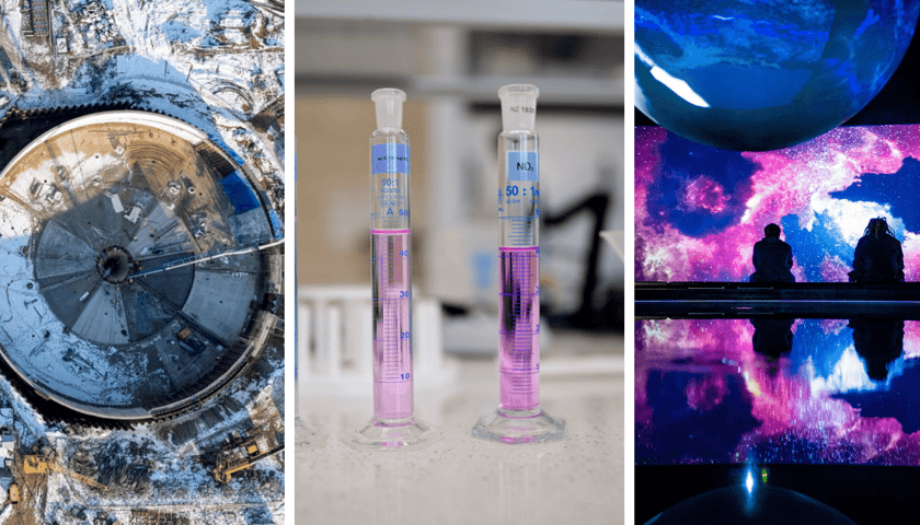 Kolaż 3 zdjęć: rozbudowa Wrocławskiej Oczyszczani Ścieków, laboratorium, w którym bada się jakość wody, Hydropolis