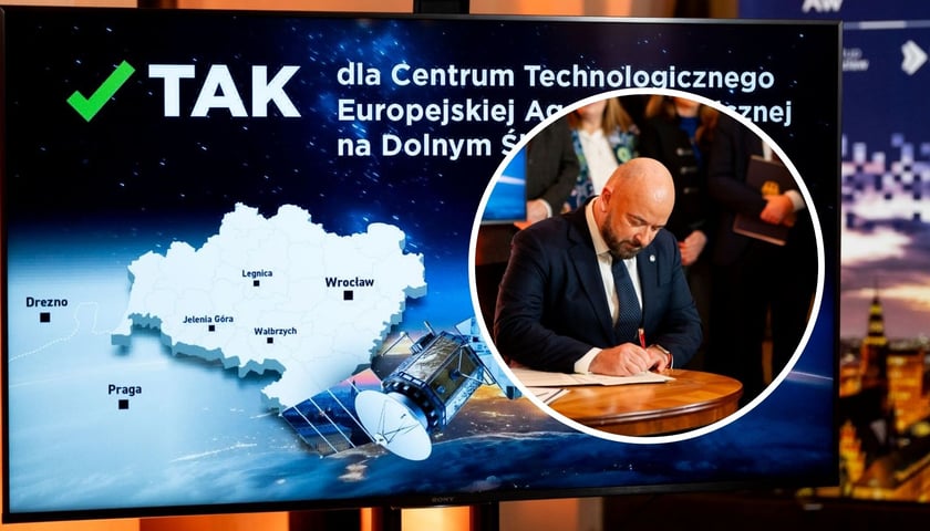 Na dużym zdjęciu grafika o kandydaturze Wrocławia na lokalizację Centrum Technologicznego Europejskiej Agencji Kosmicznej. Na małym, w kółku, prezydent Jacek Sutryk podpisujący list do premiera Donalda Tuska prezentujący atuty Wrocławia