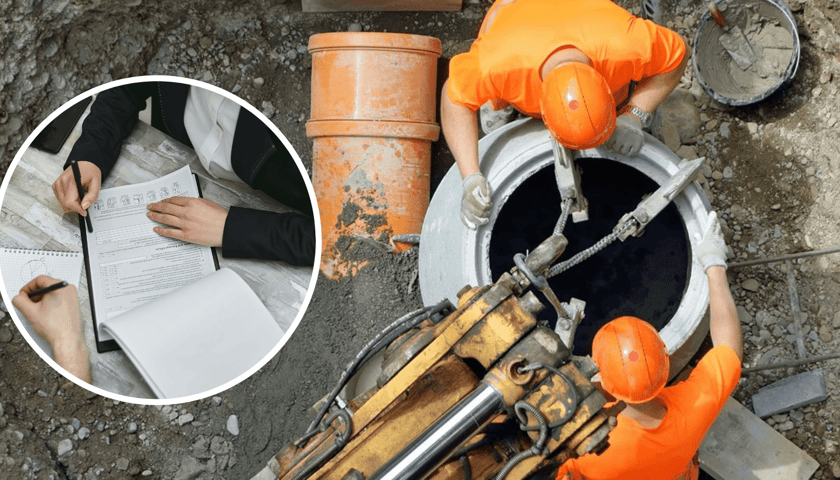 Robotnicy w dole podłączają rury miejskie, w kółku dłonie osób piszących wniosek