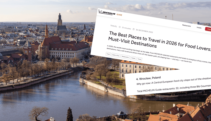 На великому фото — панорама Вроцлава, праворуч — фрагменти статті Путівника Мішлен.