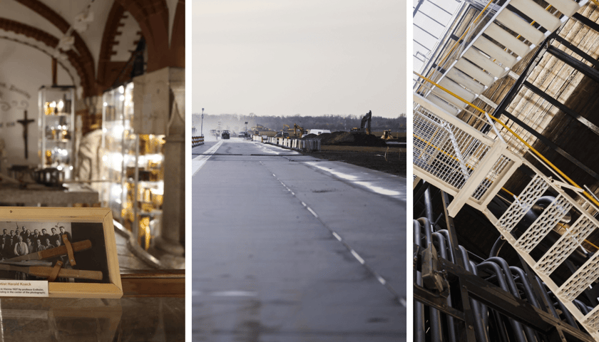 Od lewej: wnętrze Muzeum Medycyny Sądowej, w środku pas startowy lotniska, po prawej wnętrze Kotła Wschodniego przy ul. Na Grobli