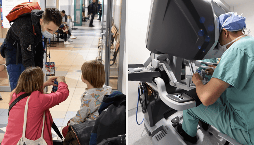 Zestawienie dwóch zdjęć: z lewej Biała Niedziela w USK Wrocław, wolontariusz z puszką WOŚP, obok chłopiec i kobieta. Z prawej lekarz podczas badania (zdjęcie ilustracyjne).