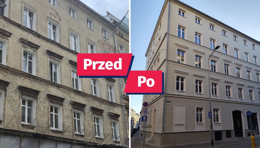 Kamienica przy ul. Dworcowej 10 na Przedmieściu Oławskim - z lewej zdjęcie przed remontem elewacji, z prawej po