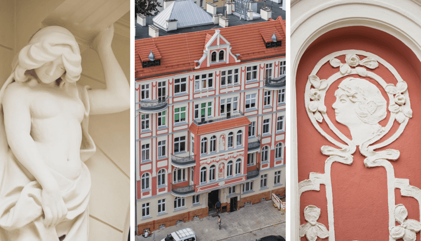 Zestawienie 3 zdjęć. Wspólnotowa kamienica Rozbrat 12 po remoncie. Z prawej i lewej widok na detale, w środku na fasadę