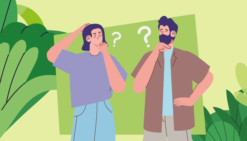 Ilustracja dwóch osób ze znakami zapytania nad głowami, wyrażających zastanowienie – symbol sekcji pytań i odpowiedzi (FAQ).
