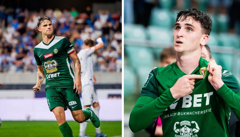 Zdjęcie podzielone na pół: z lewej - piłkarz biegnący po boisku - Seweryn Szota, dotychczasowy kapitan Śląska Wrocław; po prawej - zbliżenie na piłkarza pokazującego herb klubowy na koszulce - Jakub Jezierski - wychowanek Śląska Wrocław.