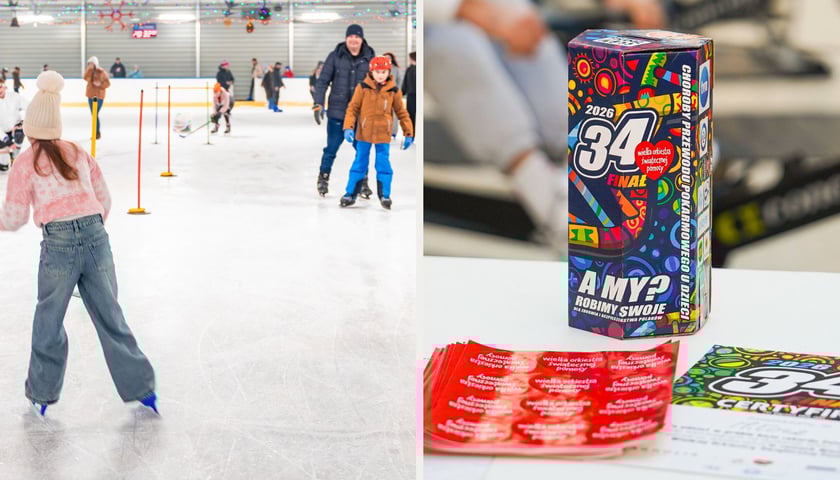 Po lewej: ludzie na lodowisku, po prawej: puszka WOŚP 2026 (zdjęcia ilustracyjne)
