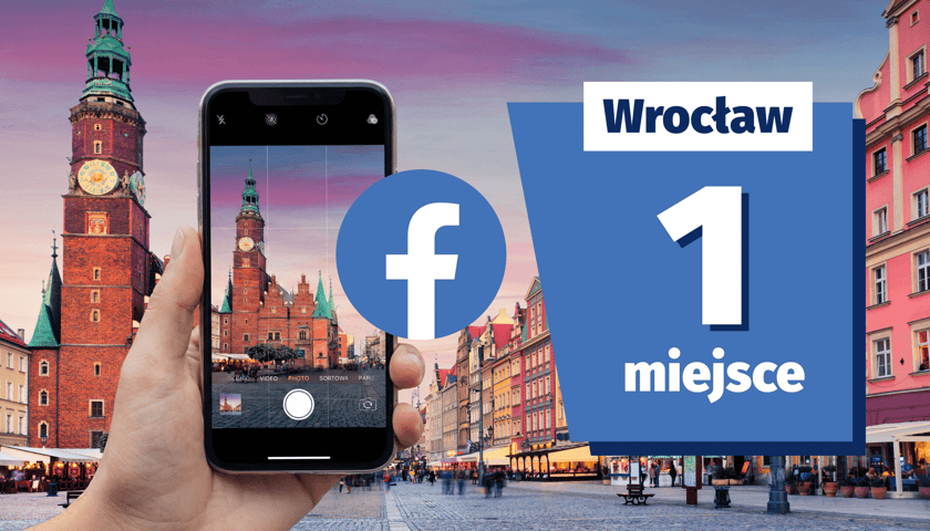Wrocławski Rynek widziany przez ekran komórki, logo Facebooka i napis Wrocław - 1. miejsce / grafika ilustracyjna