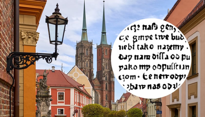 W tle: Ostrów Tumski we Wrocławiu, zdjęcie ilustracyjne. W kółku: fragment starodruku z modlitwą Ojcze Nasz po polsku, wydanego w 1475 roku we Wrocławiu przez Kaspra Elyana.