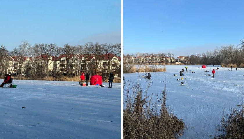 Ludzie na zamarzniętym stawie przy ul. Głównej we Wrocławiu, 1 luty 2026 r.