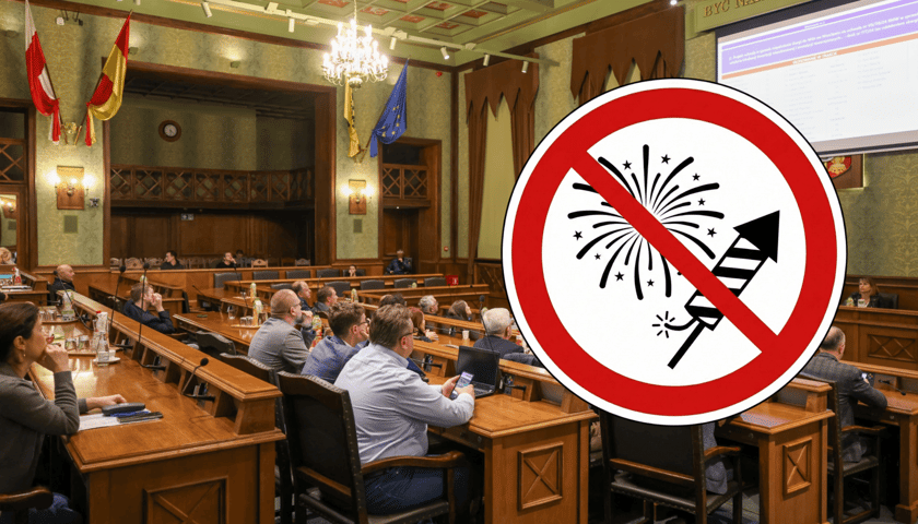 Radni na sesji, w kółku grafika z zakazem fajerwerków, zdjęcie ilustracyjne