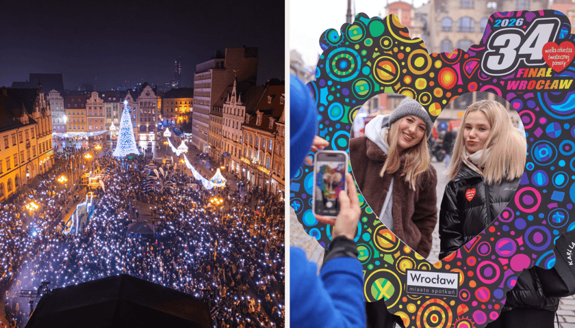 Zestawienie 2 zdjęć: z lewej zdjęcie Rynku z drona podczas Światełka do Nieba, z prawej dwie uśmiechnięte wolontariuszki WOŚP 2026 na wrocławskim Rynku pozują do zdjęcia.