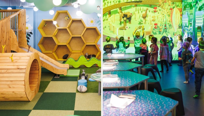 Wnętrza dwóch sal zabaw w Smart Kids Planet, kolaż dwóch zdjęć