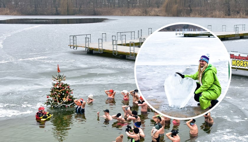W tle: Wrocławskie Morsy kąpiące się w przerębli na kąpielisku Morskie Oko. W kółku: kobieta w zielonym kombinezonie kucająca przy wielkim sercu wykutym z lodu.