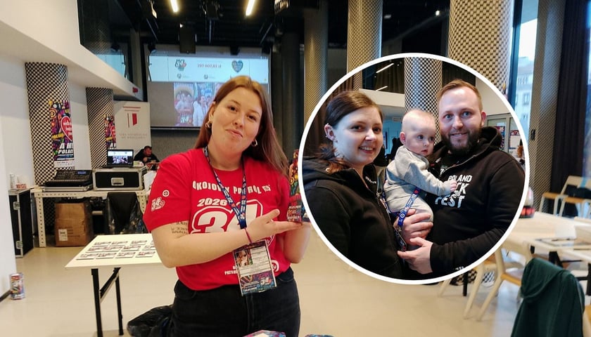 Na dużym zdjęciu wolontariuszka Małgorzata w sztabie w Barbarze. Na małym w kółku 4,5-miesięczny wolontariusz Kubuś wraz z rodzicami 