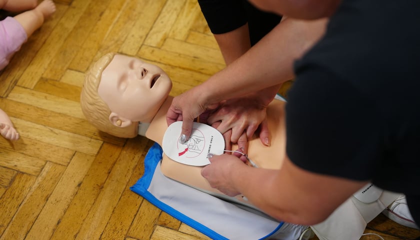 Wrocławska Akademia Pierwszej Pomocy  - szkolenie. Na zdjęciu dwie osoby pochylone nad fantomem dziecka, jedna z nich uciska klatkę piersiową