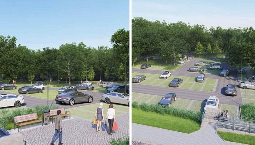 Wizualizacja podzielona na pół: z lewej widok na parking z samochodami i ludzi idących do nich chodnikiem, po lewej - widok ogólny parkingu - tak będzie prezentował się P&R w Leśnicy.