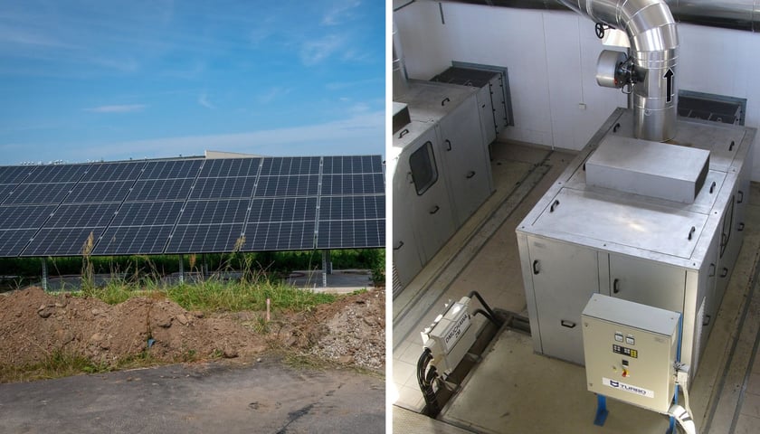 Zdjęcie podzielone na pół: z lewej - farma fotowoltaiczna na terenie zakładu Mokry Dwór; po prawej - wnętrze budynku stacji dmuchaw  w oczyszczalni na Janówku.