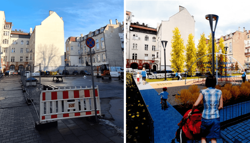 Kolaż złożony ze zdjęcia podwórka w obrębie ulic Piotra Skargi i Nowej w trakcie remontu oraz z wizualizacji podwórka po metamorfozie