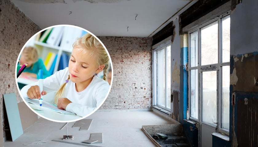 Na tle remontowego pomieszczenia portret rysującej dziewczynki