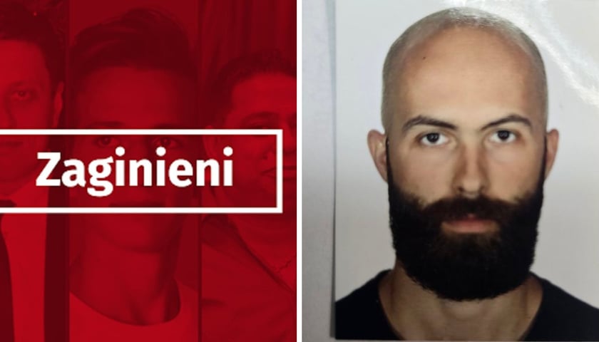 Z lewej: czerwona plansza z napisem "zaginieni" - grafika ilustracyjna. Z prawej: zaginiony Paweł Kawecki