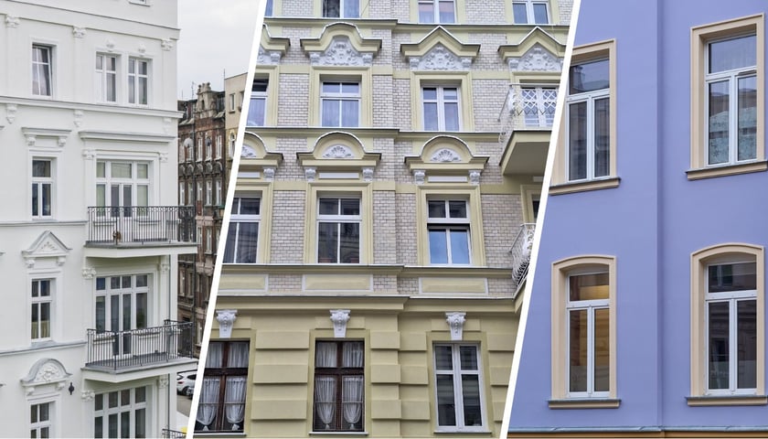 Widok na trzy fasady kamienic wspólnotowych po remoncie: Jedności Narodowej, Rydygiera i Lelewela