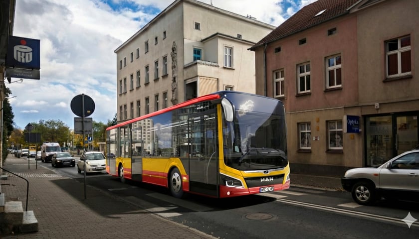 Autobus MAN Lion's City EfficientHybrid na ulicy Średzkiej w Leśnicy. Ilustracja stworzona przy pomocy AI Nana Banana Pro. Zdjęcie Leśnicy: Oleksandr Poliakovsky. Zdjęcie autobusu - materiały prasowe