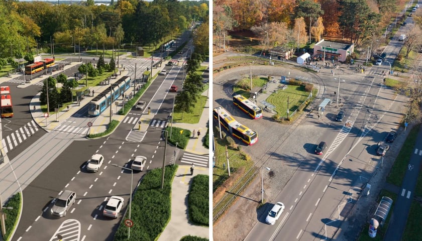 Budowa torowisk zmienia Wrocław. Ilustracja po lewej stronie to wizualizacja pętli "Sępolno" - tak będzie wyglądać po zakończeniu budowy tramwaju na Swojczyce. Po prawej stronie zdjęcie pętli wykonane jesienią ubiegłego roku (fot. Oleksandr Poliakovsky) 