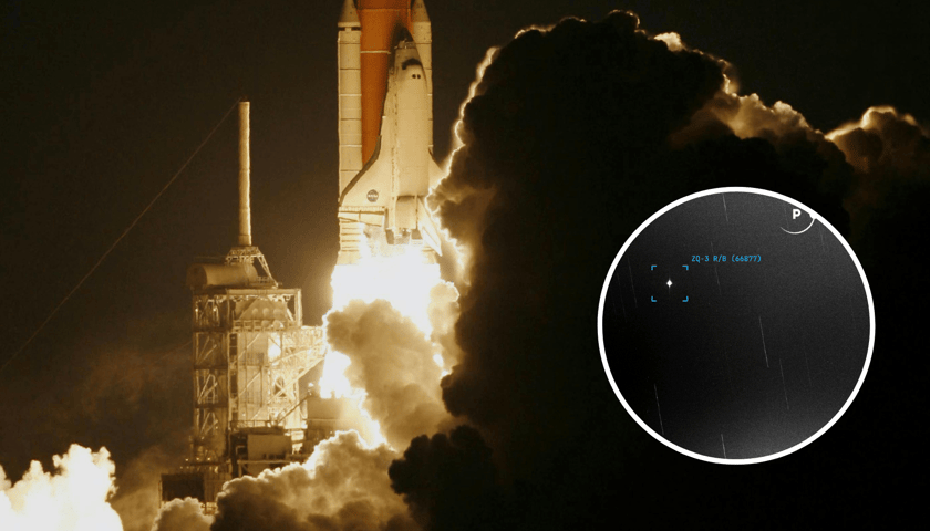 Start rakiety, w kółku obraz ZQ-3, zarejestrowany przez POLON-Africa