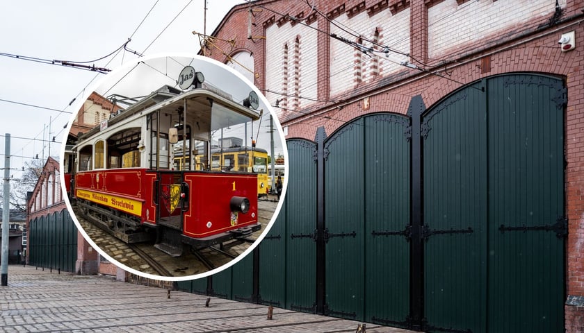 Na dużym zdjęciu hala Zajezdni Popowice, na małym zabytkowy tramwaj