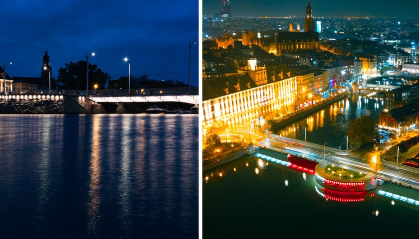 Zdjęcie podzielone na pół: z lewej podświetlenie Mostów Uniwersyteckich - widok z Wyspy Słodowej, po prawej - iluminacja Mostów Uniwersyteckich - widok z lotu ptaka.