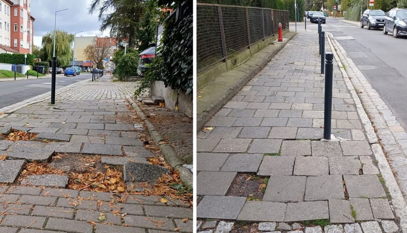 Zdjęcie dzielone na pół: po lewej widok na chodnik z wybrzuszonymi płytami i ubytkami - ul. Skierniewicka na osiedlu Borek; po prawej - inne ujęcie odcinka chodnika na ul. Skierniewickiej, który będzie remontowany.