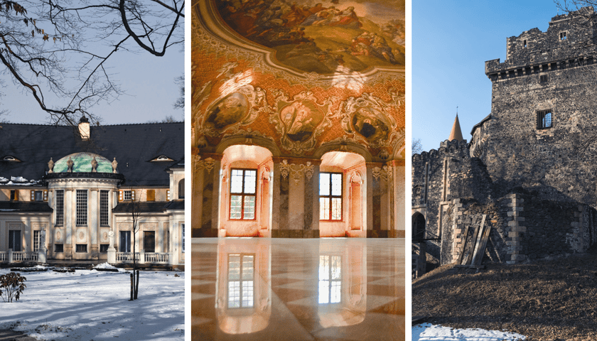 Od lewej: Pałac w Bagnie, w środku Refektarz Letni w Lubiążu, z prawej Zamek Grodziec