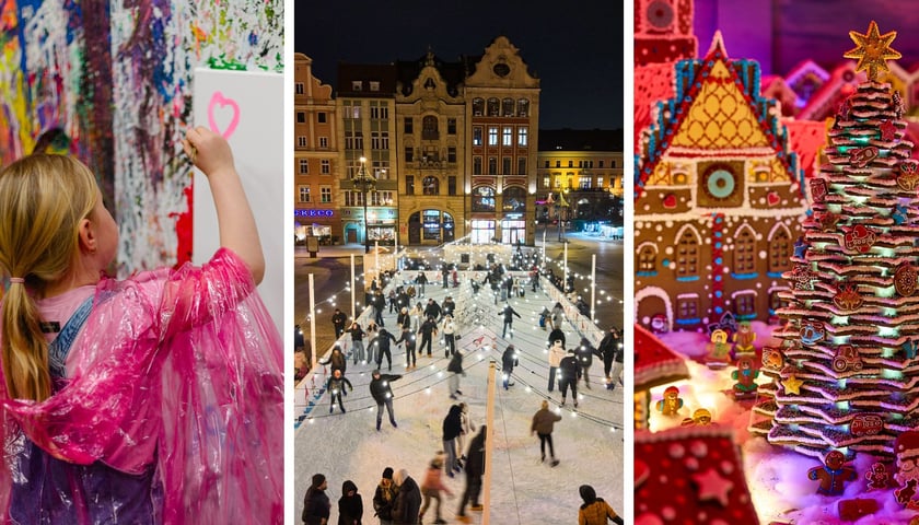 Od lewej: dziewczynka malująca obraz w Pigcasso, lodowisko w Rynku, wystawa „Miasto z Piernika” w Kolejkowie