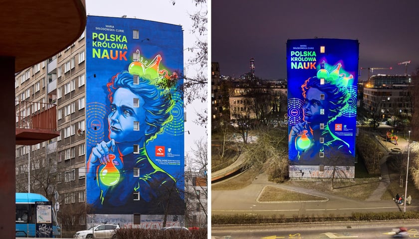 Mural z Marią Skłodowską-Curie na dwóch zdjęciach: jednym w świetle dziennym i drugim po zmroku