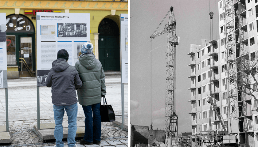 Kolaż 2 zdjęć. Z lewej otwarcie wystawy "Prefabrykaty na Kwadraty" na wrocławskim rynku, z prawej zdjęcie budowy osiedla na Różance