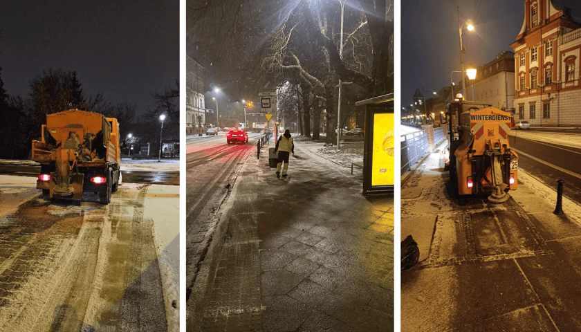 <p>Slużby posypywały w nocy chodniki i ulice solą</p>