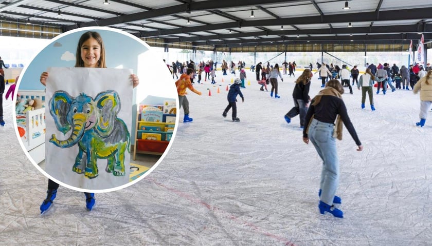 W tle: lodowisko Spartana, w kółku: dziewczynka trzymająca rysunek słonia (zdjęcie ilustracyjne)