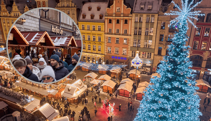 W tle Jarmark Bożonarodzeniowy w Rynku - zdjęcie z drona, w kółku z lewej grupa gości na Jarmarku