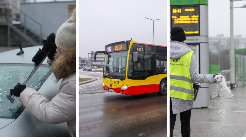 Kobieta skrobie lód z szyby samochodu, autobus na ulicy, kobieta sypie sól na przystanku, 5 luty 2026 r. we Wrocławiu