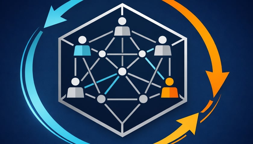 Grafika ilustracyjna. Schematyczne postacie połączone siecią powiązań.