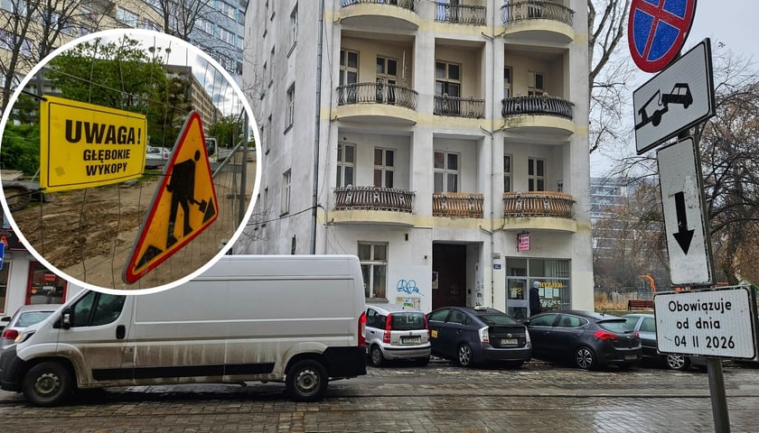 Zdjęcie główne - widok na fragment ulicy z widoczna kamienicą, zaparkowanymi samochodami i znakiem o zakazie postoju od 4.02.2026 - fragment ul. Zielińskiego, gdzie będzie usuwana awaria kanalizacji. W okrągłym mniejszym zdjęciu znak na siatce informujący o robotach drogowych i napis "Uwaga! Głębokie wykopy".