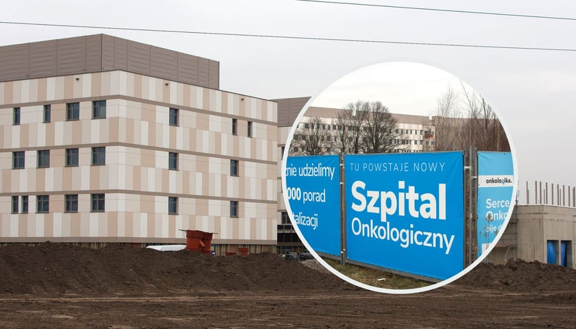 Widok na szpital onkologiczny w budowie, zima 2026