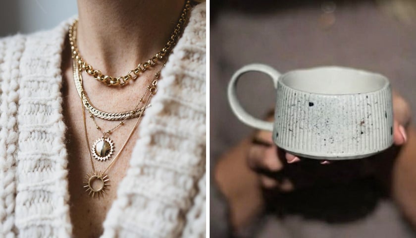 Po lewej: biżuteria Matyldy Zielińskiej, po prawej: kubek marki Mila Handmade Ceramics