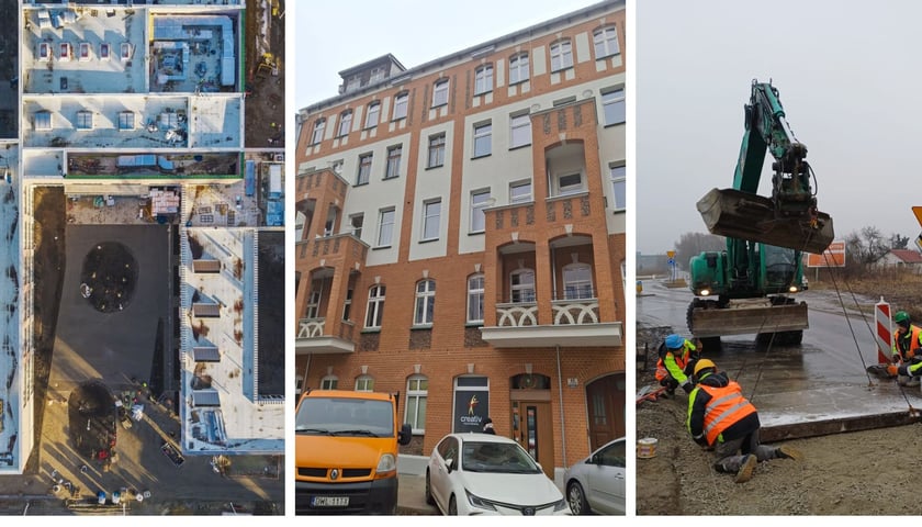 Zdjęcie podzielone na trzy części: z lewej widok z góry na budowany Zespół Szkolno-Przedszkolny przy ul. Zwycięskiej; w środku - odnowiona elewacja kamienicy przy ul. Daszyńskiego 41; po prawej - roboty drogowe na ul. Żwirki i Wigury Zachodniej.