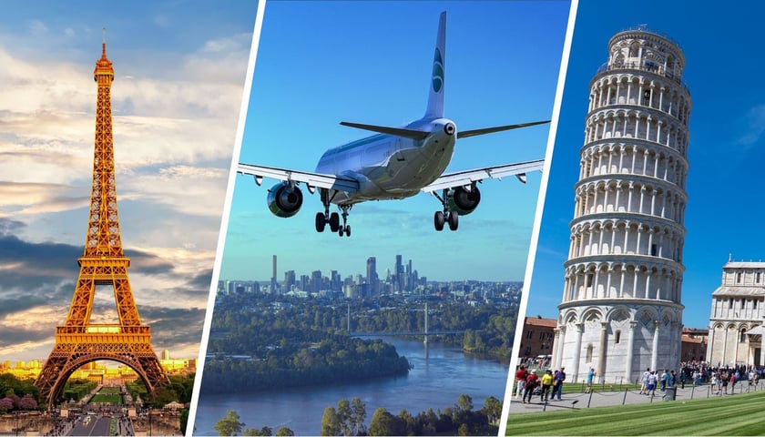 Na zdjęciach są dwie wieże (w Pizie i Paryżu) oraz samolot w powietrzu